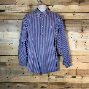 RALPH LAUREN Classic Fit Dress Shirt Mens 17 XL Long Sleeved Blue White Stripe